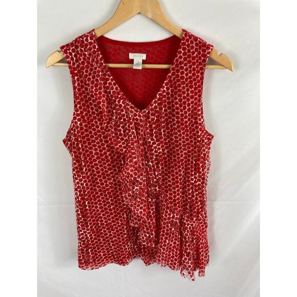 Chicos Dotted Mesh Alanis One Ruffle Tank Red White Size 1 / Medium - Picture 3 of 6